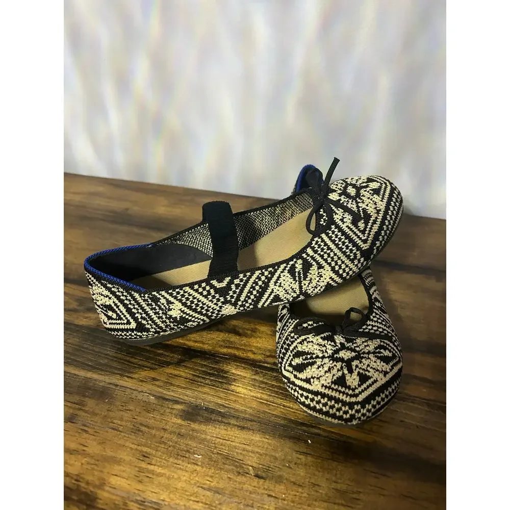 Rothy's Kids Sz 4 Bow Mary Jane Black & Cream Mosaic Pattern Back to School